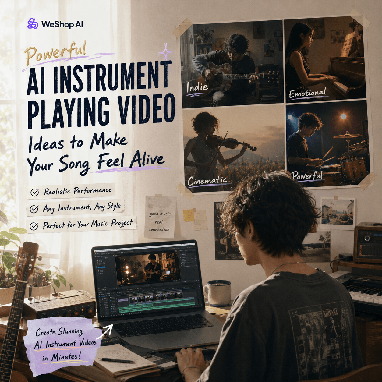 A cozy studio scene showing a creator editing an AI instrument playing video, with guitar, piano, violin, and drums performance visuals on the wall.