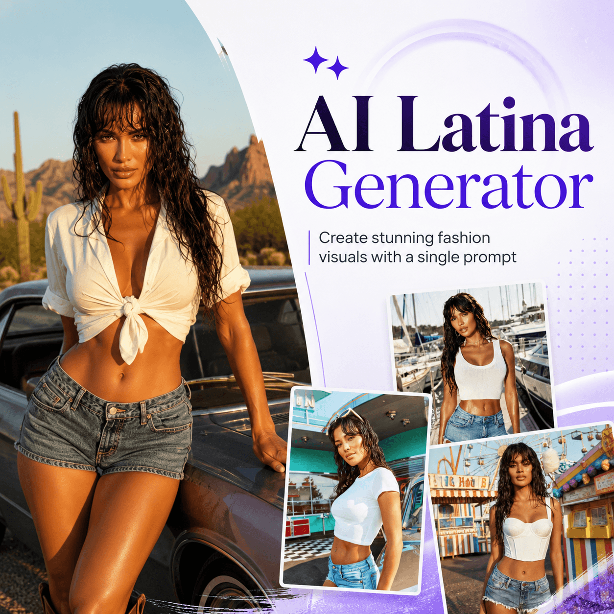 AI Latina Generator creating realistic Latina fashion model images with different lifestyle styles