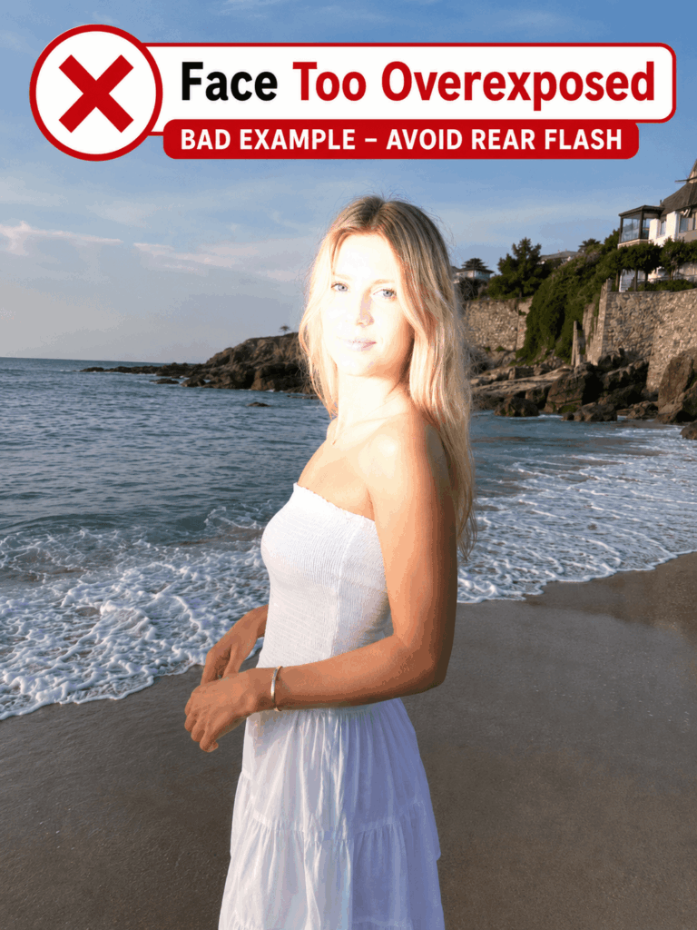 Beach portrait with an excessively bright flash washing out the woman’s face.