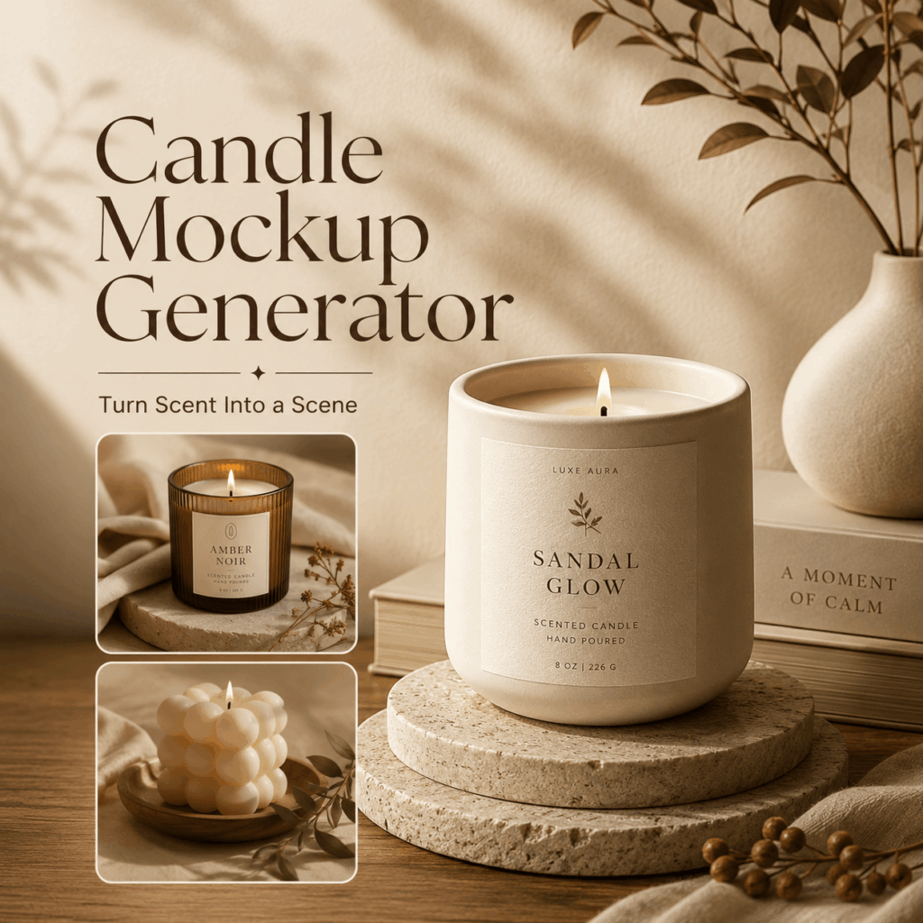 Candle Mockup Generator showing a cream jar candle with elegant label and lifestyle mockup variations.