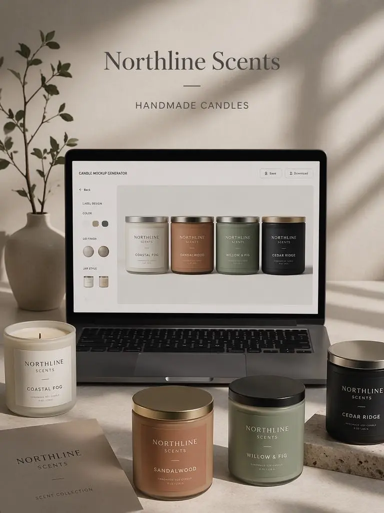 Laptop displaying a candle collection beside coordinated jar candles in several natural colors.