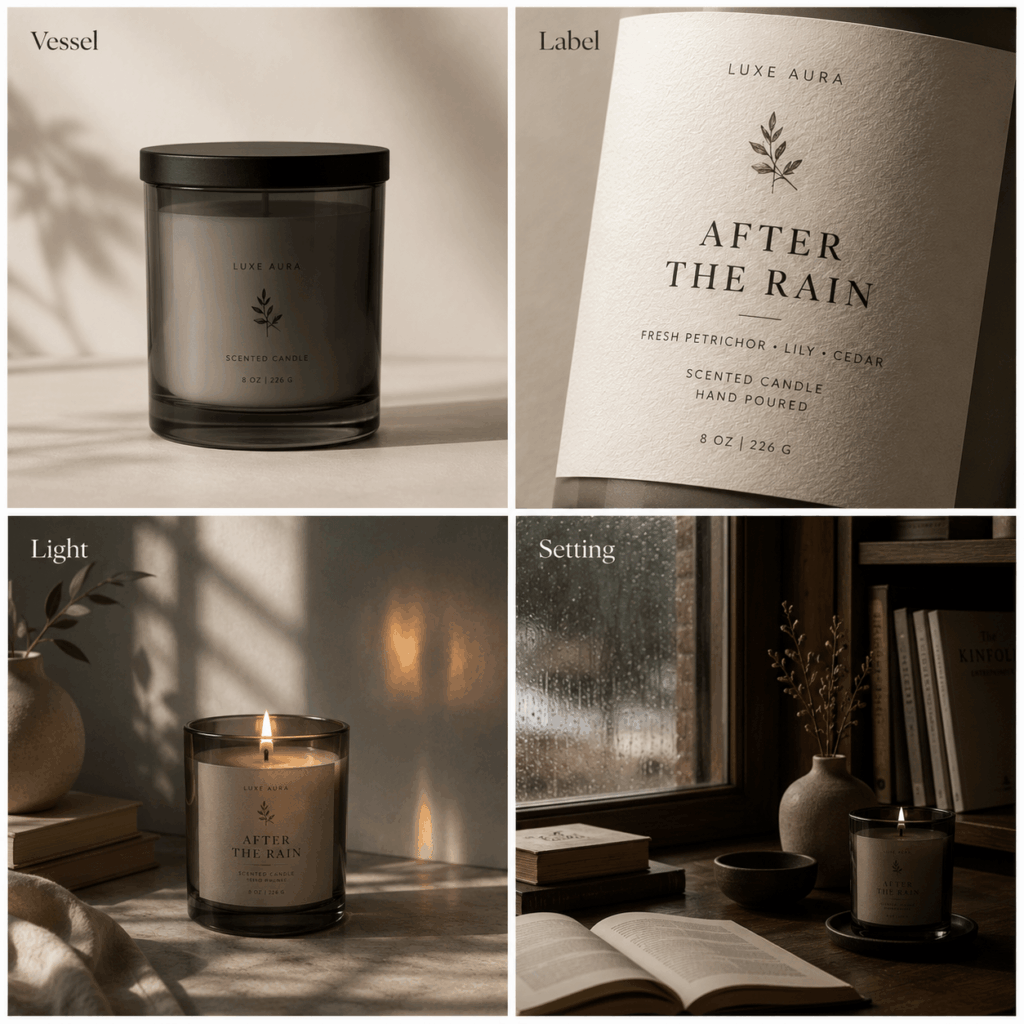 Four-part candle moodboard showing the vessel, label, lighting, and rainy bookshop setting for After the Rain.