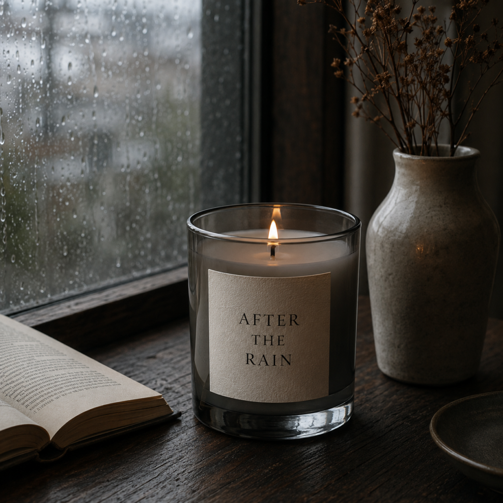After the Rain candle glowing beside a rain-covered window, open book, and ceramic vase.