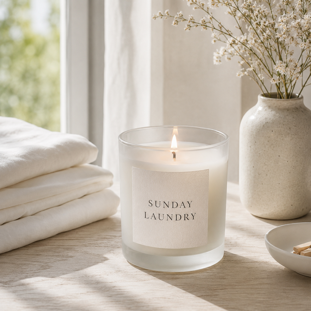 Sunday Laundry candle beside folded white linens in soft morning sunlight.