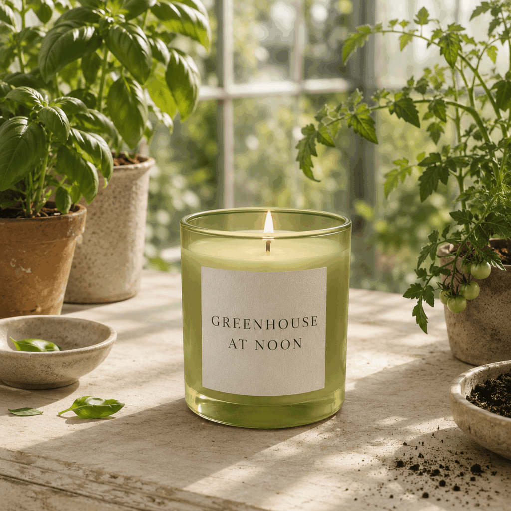 Greenhouse at Noon candle surrounded by basil, tomato leaves, soil, and bright midday sunlight.