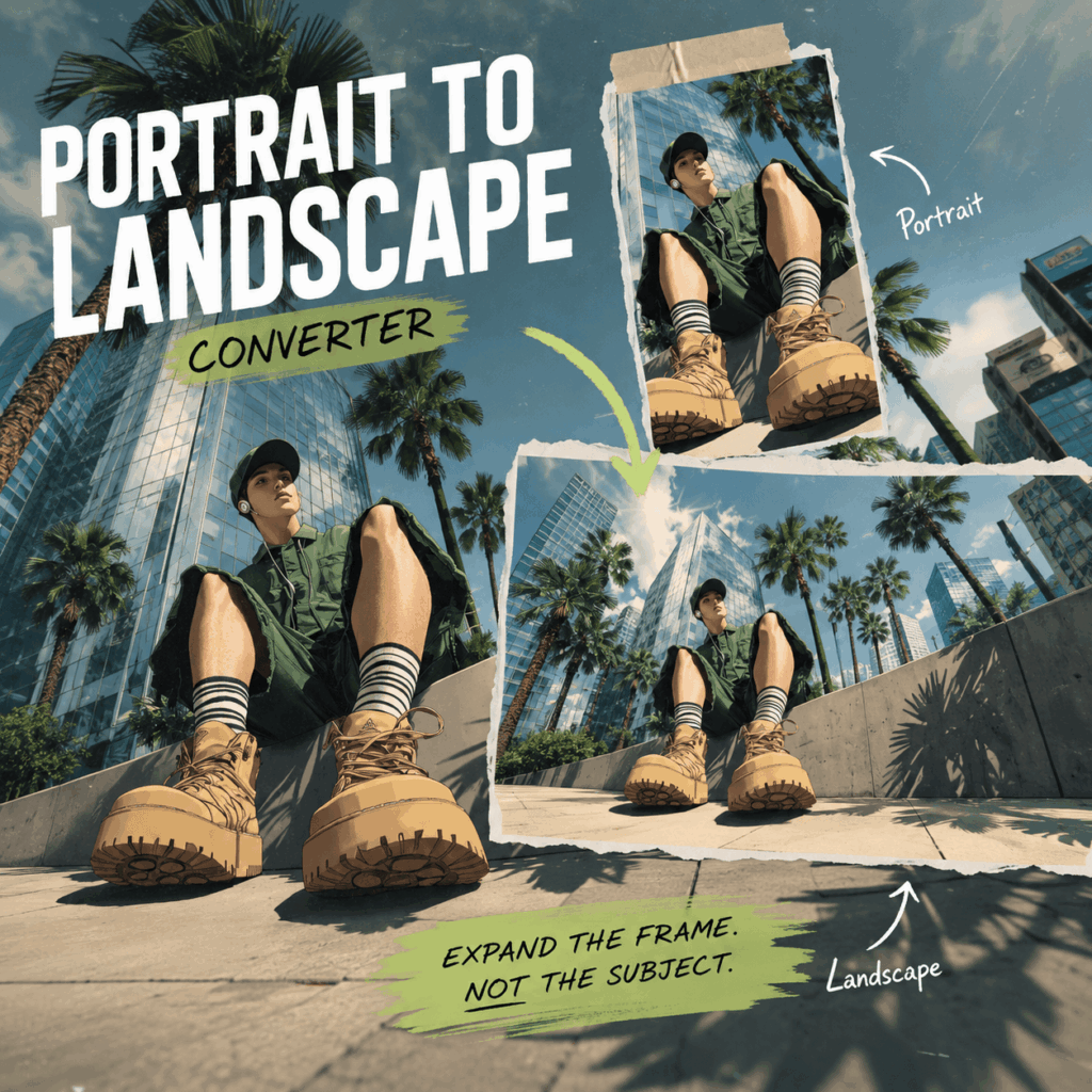 Portrait to Landscape Converter turning an urban portrait into a wide city scene through an editorial collage.