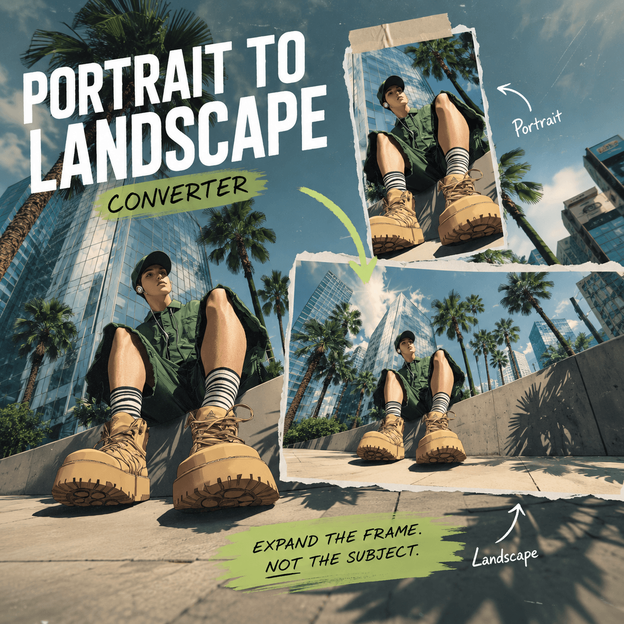 Portrait to Landscape Converter turning an urban portrait into a wide city scene through an editorial collage.