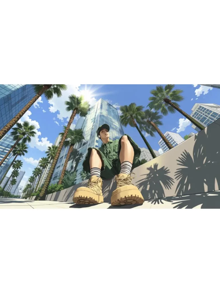 Expanded landscape image of a young man surrounded by palm trees and modern city buildings.