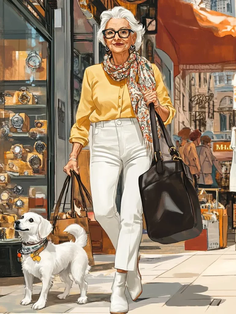 Vertical portrait of a stylish older woman walking a white dog along a city shopping street.