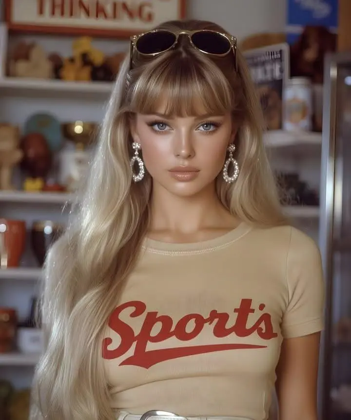 Wide indoor portrait showing a blonde woman surrounded by shelves, posters, windows, and furniture.
