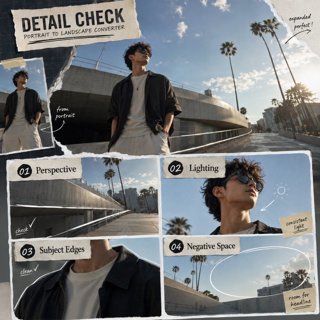 Portrait to Landscape Converter quality check covering perspective, lighting, subject edges, and negative space.
