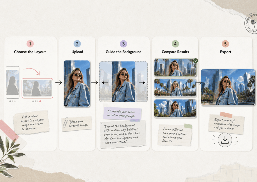 Five-step Portrait to Landscape Converter workflow from choosing a layout to uploading, guiding, comparing, and exporting.