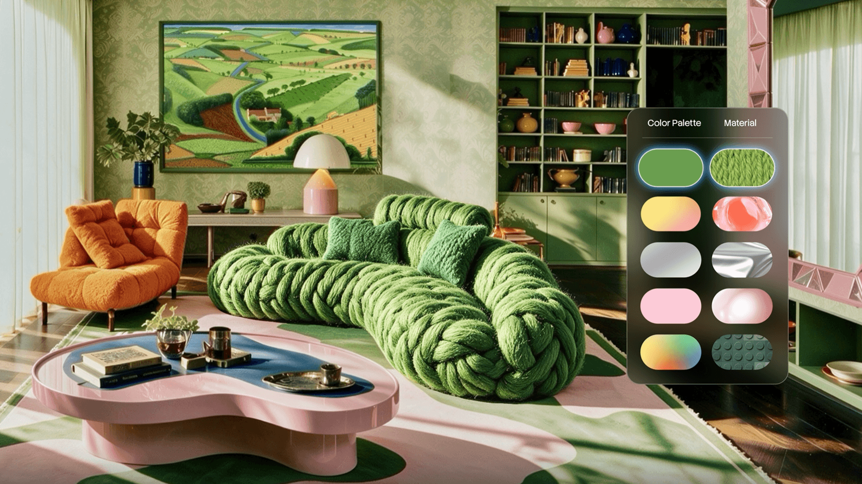 Seedream 5.0 Pro locally edits a sculptural sofa into a green woven material while preserving the living room scene.