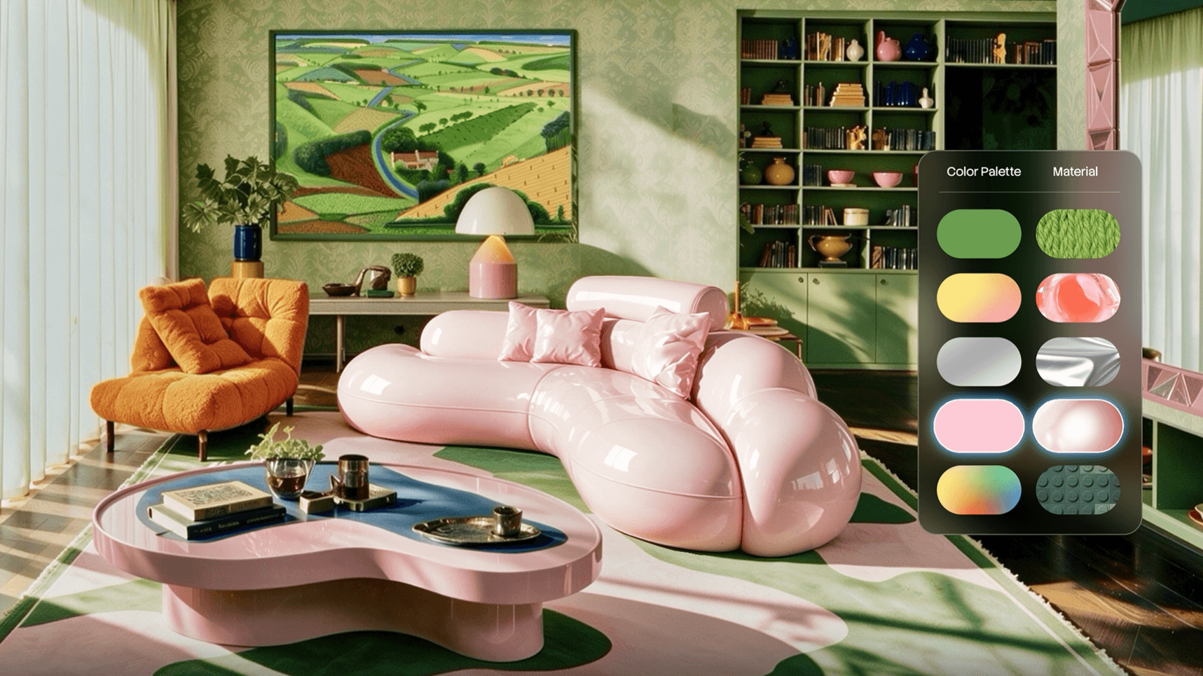 Seedream 5.0 Pro locally changes the same sofa into a glossy pink material without altering the surrounding interior.