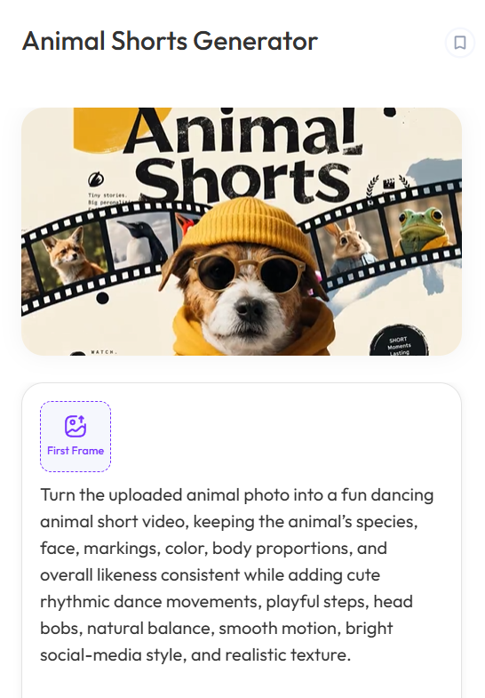 Animal Shorts Generator interface for uploading an animal photo and turning it into a short animated video.