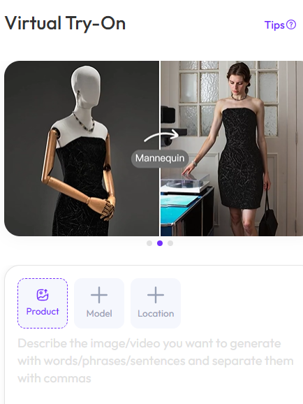 Virtual Try-On interface showing a black dress on a mannequin beside a selected fashion model.