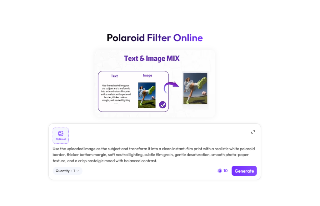 The Polaroid Filter Online interface combines an uploaded image with a text prompt to generate a realistic instant-film photo with a white border.