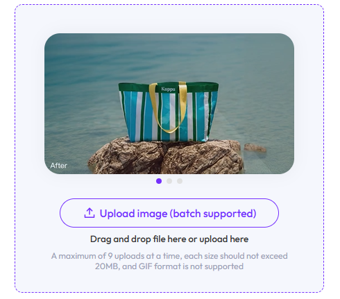 AI Product Photography tool interface showing the first step of uploading a product image to create professional ecommerce visuals