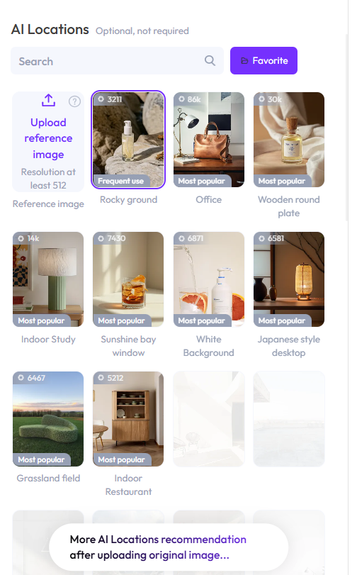 AI Product Photography tool interface showing AI Location options for selecting different product backgrounds and commercial scenes