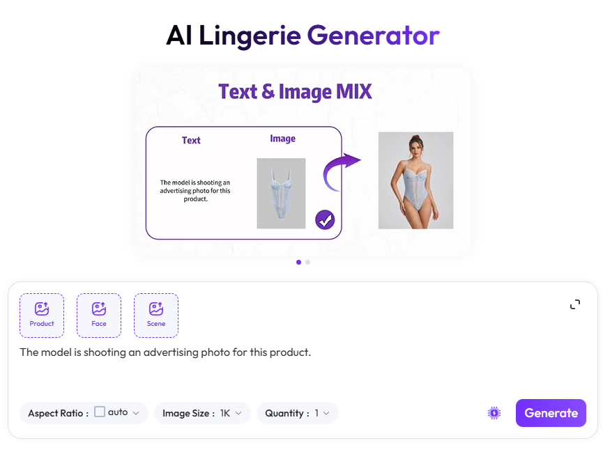 ScreenShot_2026-07-24_013915_302 – WeShop AI Blog AI Lingerie Generator interface showing text and image inputs used to create a lingerie model photo.