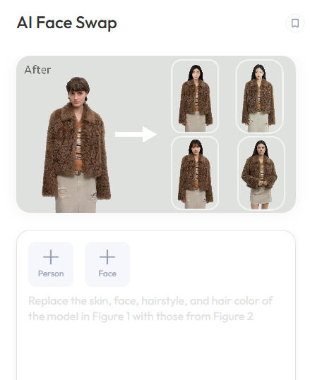 AI Face Swap workspace showing a fashion model preview, multiple face swap results, and upload areas for the person and source face.