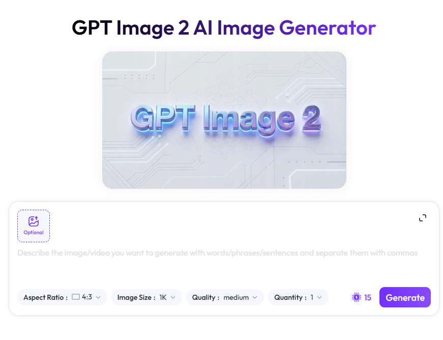 GPT Image 2 AI Image Generator workspace showing the prompt input area, image settings, and generate button.