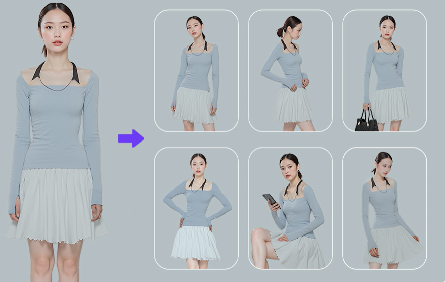 ScreenShot_2026-07-30_034354_660 – WeShop AI Blog AI Pose Changer example showing one model in a blue top and white skirt transformed from a neutral front pose into six standing, seated, and lifestyle pose variations.