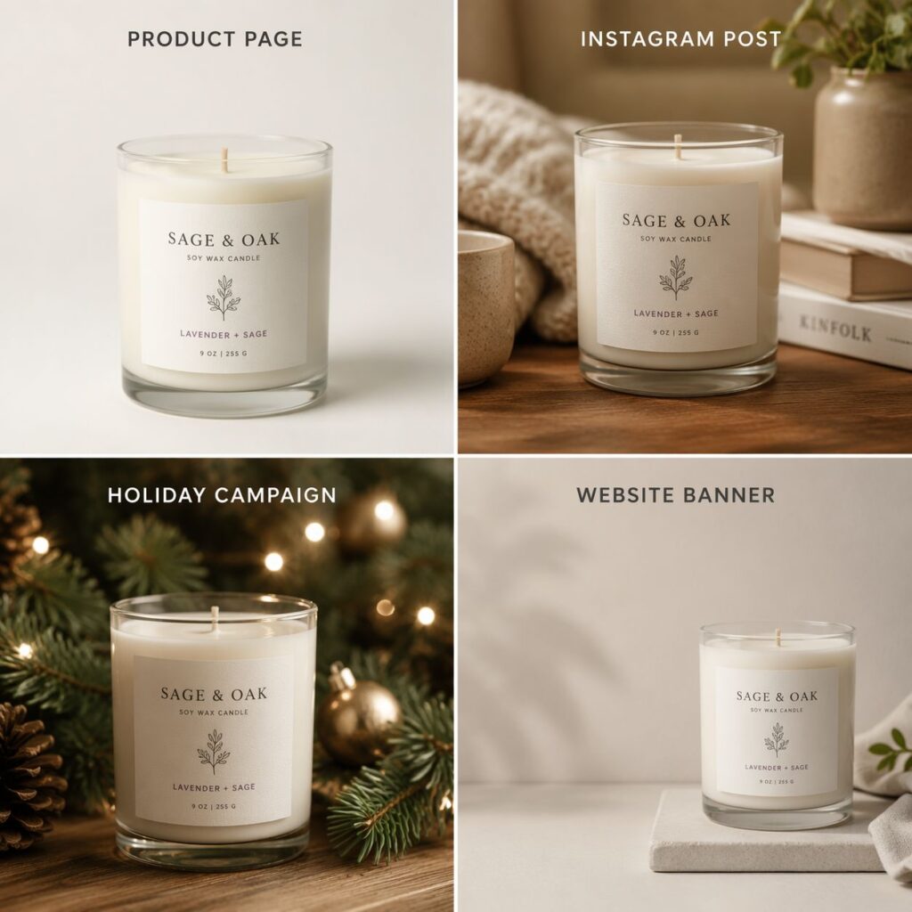 Candle Mockup Generator examples showing the same candle adapted for a product page, Instagram post, holiday campaign, and website banner.
