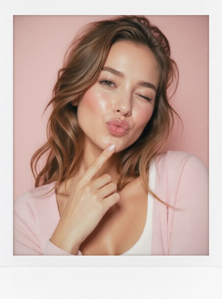 Task-127681327-1-1 – WeShop AI Blog Polaroid-style portrait of a woman in a pink outfit winking and posing against a soft pink background.