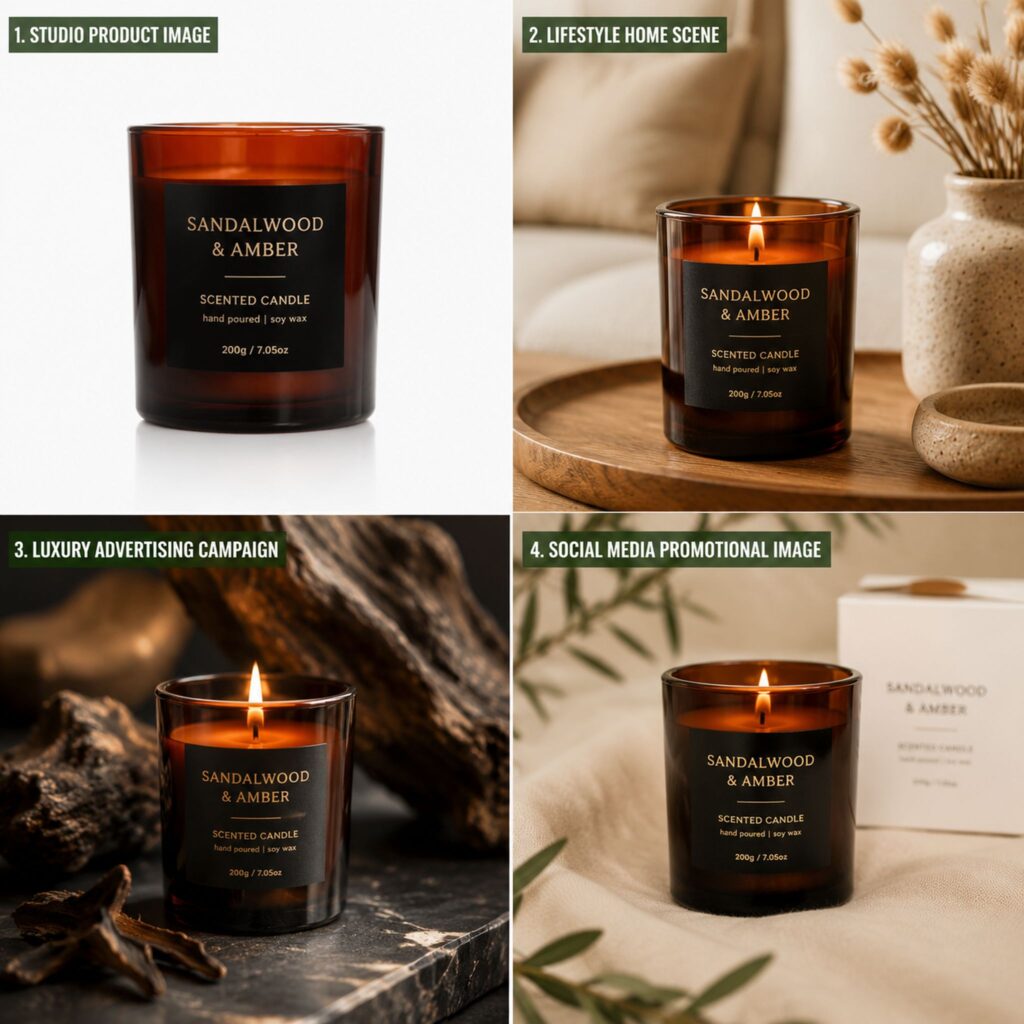AI Product Photography showing one candle product transformed into multiple marketing visuals including studio, lifestyle, luxury campaign, and social media images