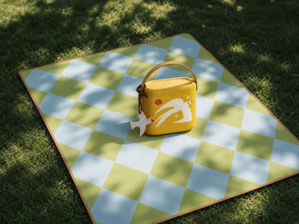 AI Image Combiner result placing the yellow handled product naturally on a green checkered picnic blanket outdoors.