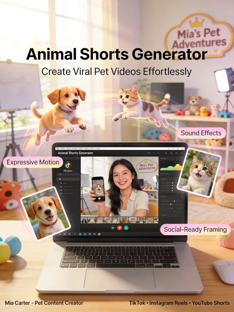Content creator using an Animal Shorts Generator to make expressive pet videos with sound effects and social-ready framing.