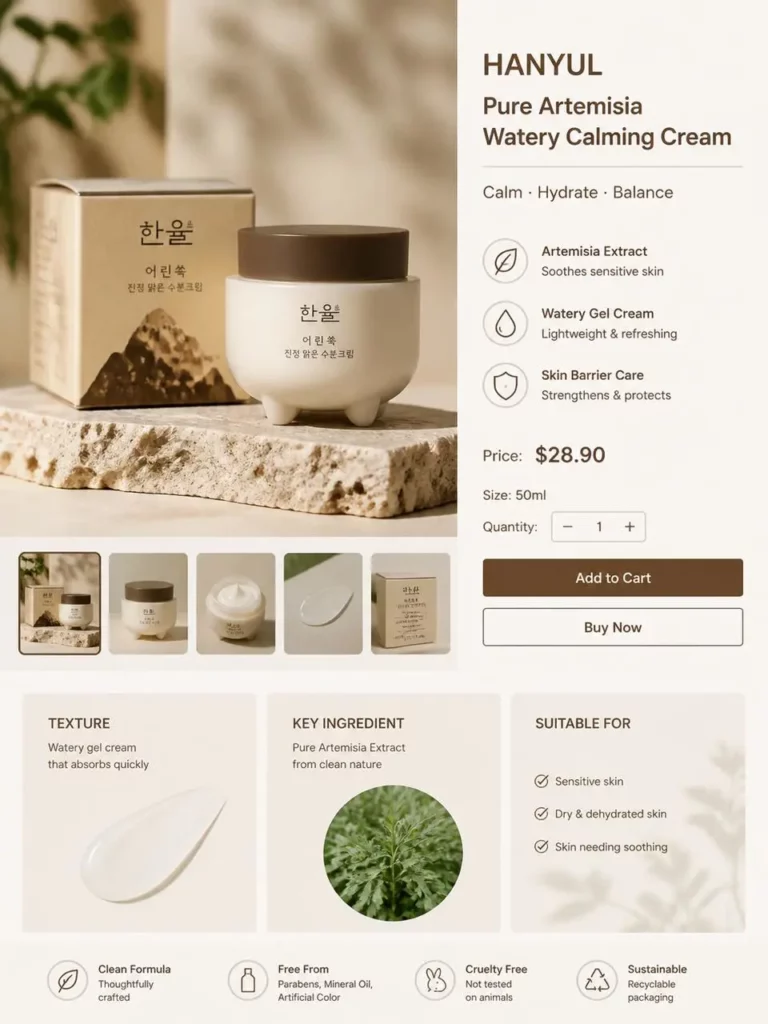 a5e6df15-137f-4025-b77b-dea7ed2abb65_960x1280png_preview – WeShop AI Blog AI Product Detail Page for a calming face cream with product images, benefits, ingredients, price, and purchase options