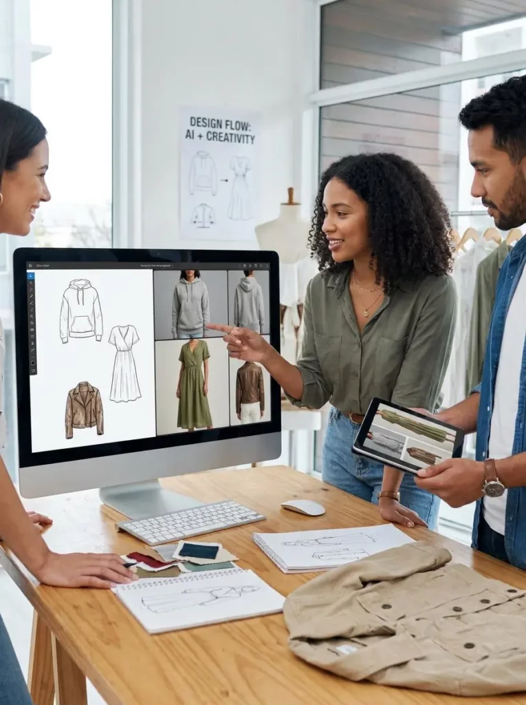 a8ed0af7-16e0-4a3f-9279-d5a366cb1d44_896x1200png_preview – WeShop AI Blog Fashion team discussing clothing sketches and realistic garment concepts displayed on a desktop computer during product development.