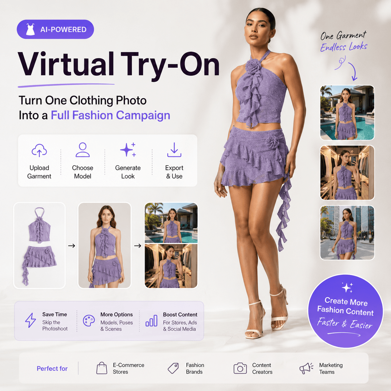 Virtual Try-On fashion campaign showing one purple outfit transformed into multiple model looks and lifestyle scenes.