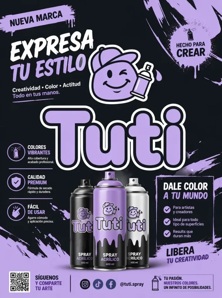 add3c483-b0fb-4c00-b48a-2d807101bda5_880x1184png_preview – WeShop AI Blog Tuti spray paint promotional flyer featuring purple aerosol cans, product benefits, and bold Spanish typography.