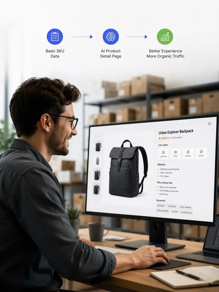 aebb0734-8ab6-498a-b101-a764a25a43bf_768x1024png_preview – WeShop AI Blog Ecommerce manager using an AI Product Detail Page to organize backpack images, product details, and store content