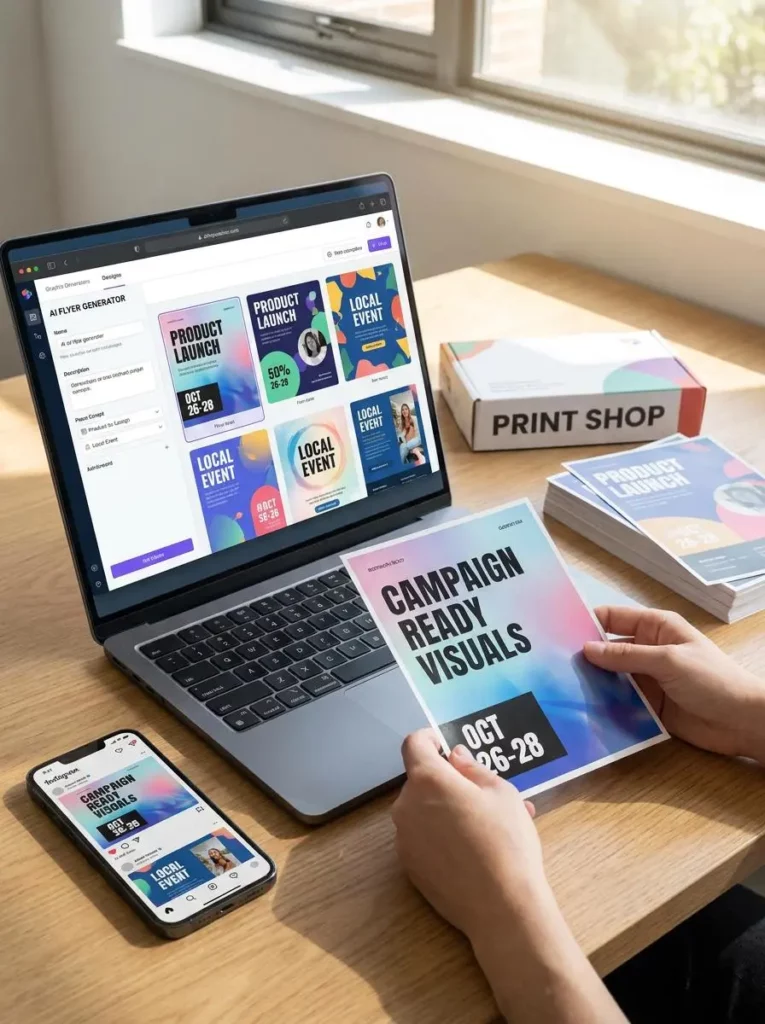 aef64e95-1d57-49ef-b9af-37eeafb2a6ba_896x1200png_preview – WeShop AI Blog AI Flyer Maker campaign displayed across a laptop, smartphone, printed flyer, and print materials for digital and offline promotion.