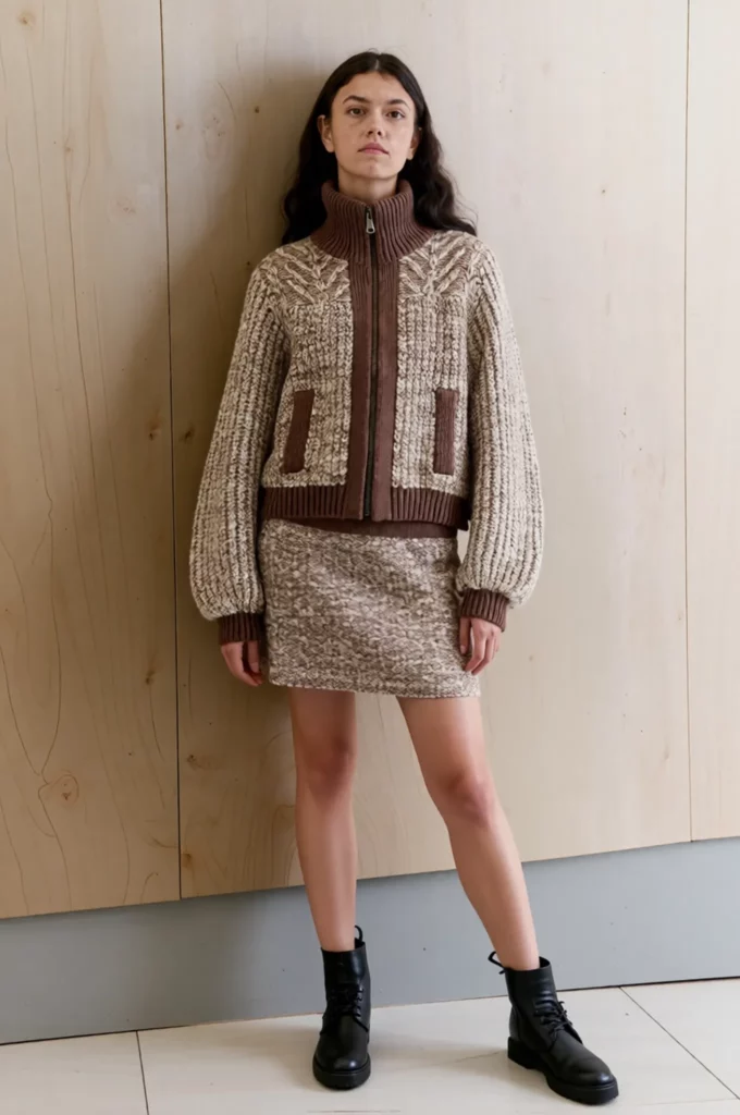 ai-clothing-piece-flatlay-generator-guide-01-01 – WeShop AI Blog Female model wearing a brown textured knit jacket and matching skirt