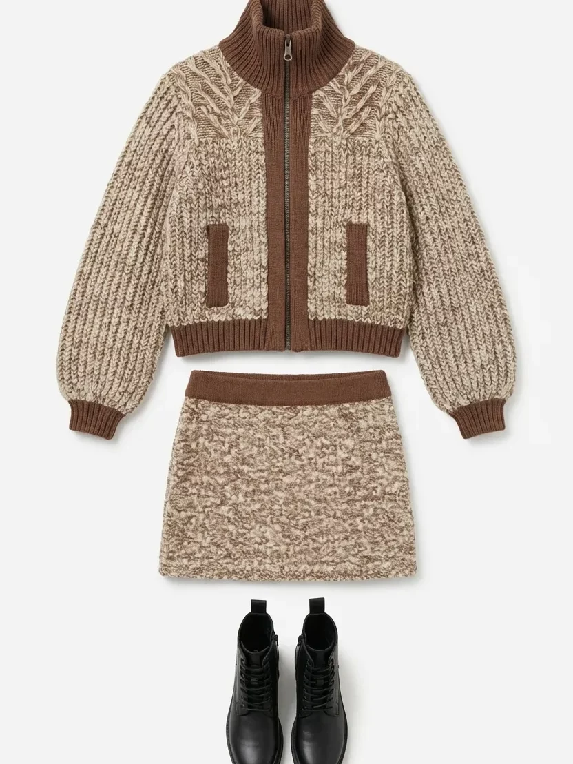 ai-clothing-piece-flatlay-generator-guide-01-02 – WeShop AI Blog Consistent catalog flatlay of a brown knit jacket, matching skirt, and black boots