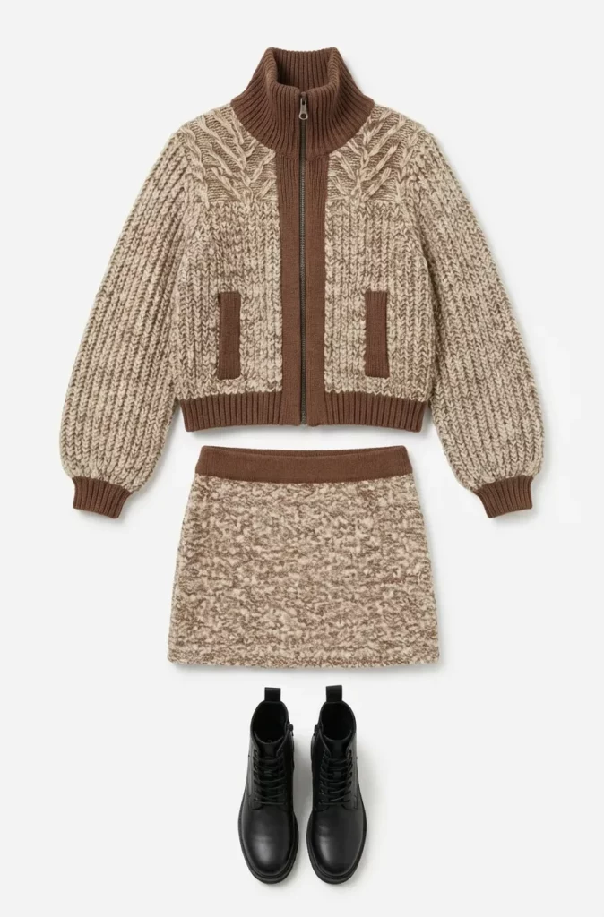 ai-clothing-piece-flatlay-generator-guide-01-02 – WeShop AI Blog AI Clothing Piece Generator flatlay of a brown knit jacket, matching skirt, and black boots