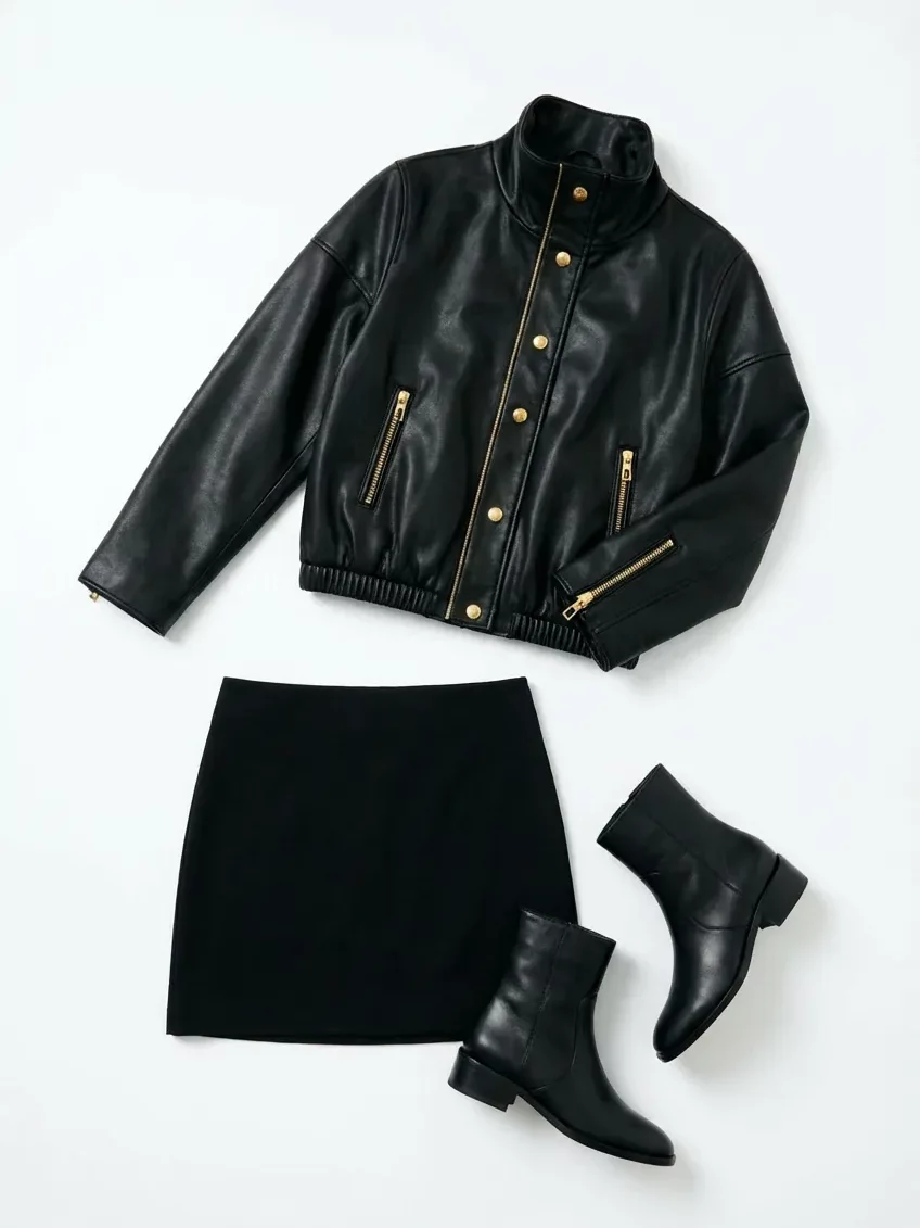 ai-clothing-piece-flatlay-generator-guide-02-02 – WeShop AI Blog Flatlay featuring a black leather jacket, black mini skirt, and ankle boots