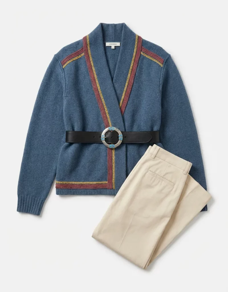 ai-clothing-piece-flatlay-generator-guide-04-02 – WeShop AI Blog Flatlay of a blue cardigan with contrast trim, black belt, and folded cream trousers on a clean white background.