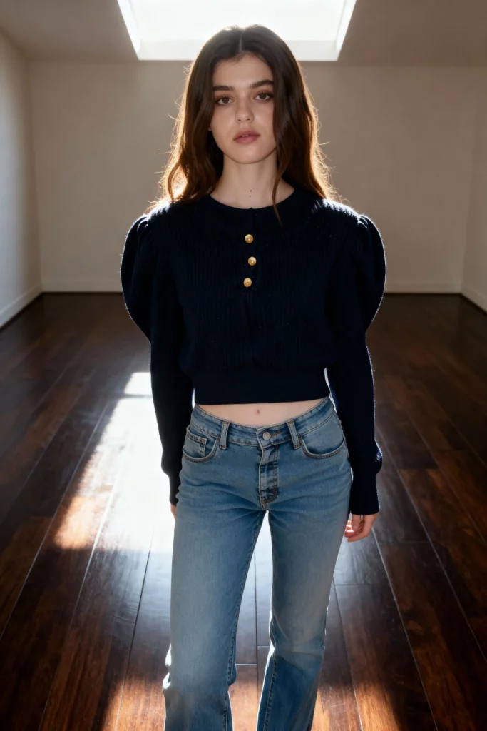 ai-clothing-piece-flatlay-generator-guide-05-01 – WeShop AI Blog Female model wearing a navy cropped top with puff sleeves and light blue jeans
