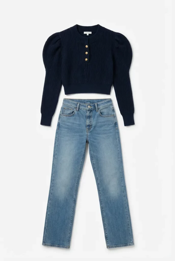 ai-clothing-piece-flatlay-generator-guide-05-02 – WeShop AI Blog AI Clothing Piece Generator flatlay of a navy cropped top and light blue jeans