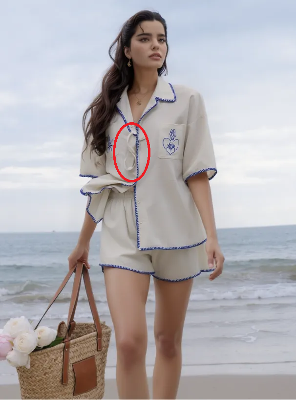 ai-inpainting-guide-02-01 – WeShop AI Blog AI Design Repair example showing a beach fashion image with a missing accessory area highlighted on the model’s shirt