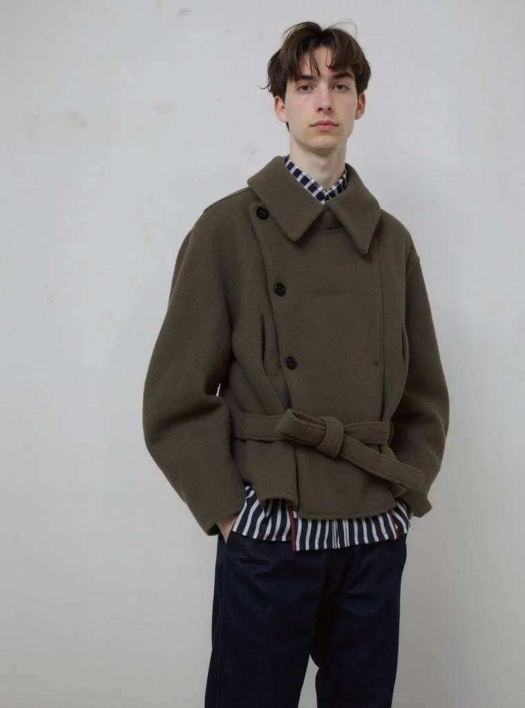 ai-mannequin-generator-guide-02-01 – WeShop AI Blog Male model wearing an olive green belted jacket with black trousers before AI mannequin conversion.