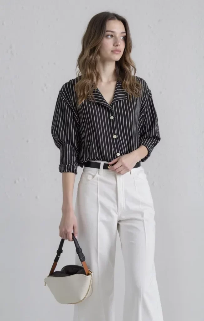 ai-mannequin-generator-guide-04-01 – WeShop AI Blog Female model wearing a black striped blouse with white trousers and carrying a small handbag.