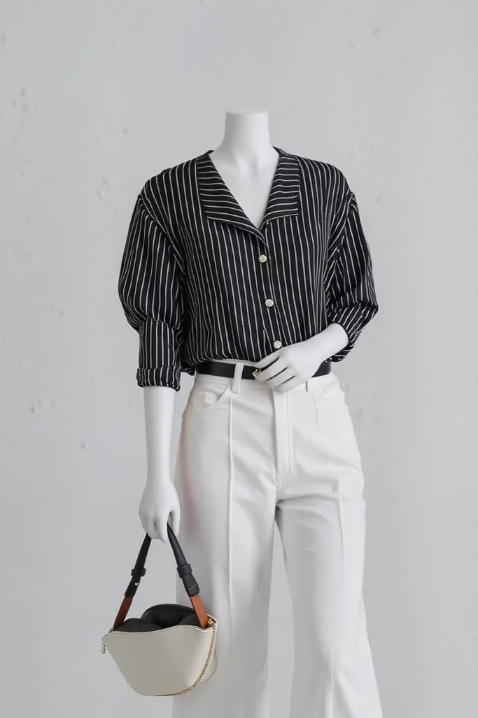 ai-mannequin-generator-guide-04-02 – WeShop AI Blog Black striped blouse and white trousers displayed on a mannequin with the same handbag and styling.