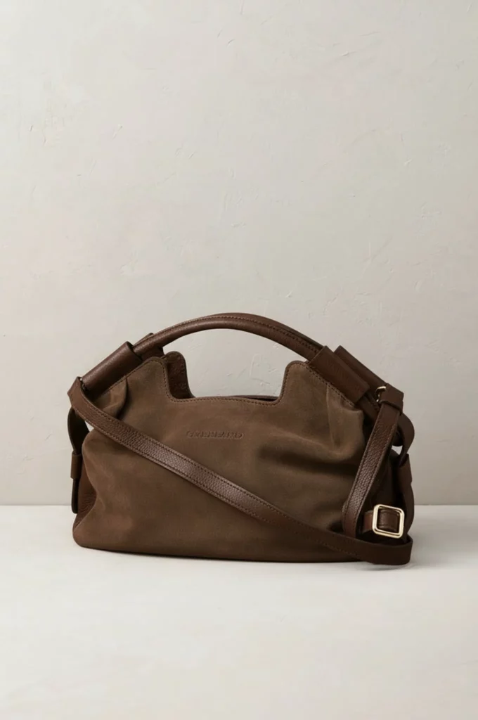 AI-recolored chocolate brown leather handbag preserving the original shape, grain, stitching, hardware, shadows, and camera angle.